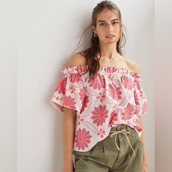 Anthropologie Maeve Embroidered Off-The-Shoulder Blouse Pink - Picture 1 of 5